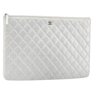 Chanel Matelasse Punching Clutch Bag Leather Silver CC